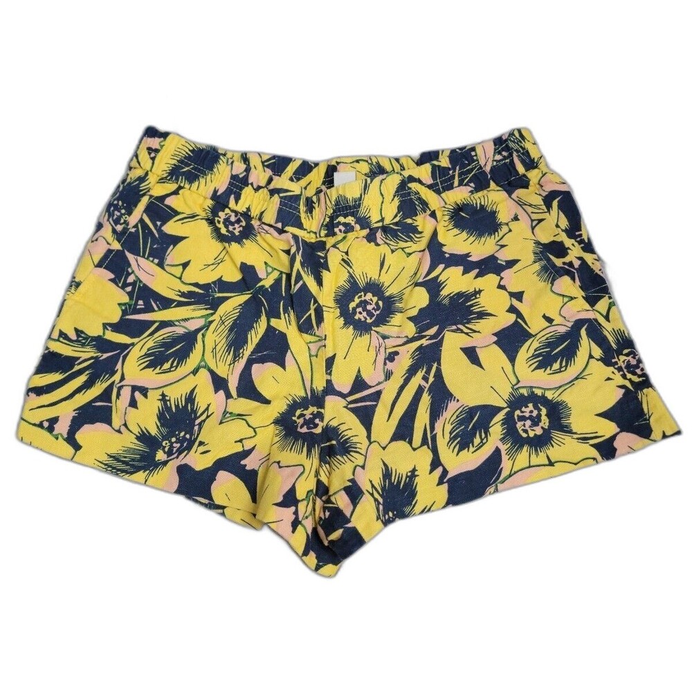 J. Crew Yellow Floral Navy Pull-On Linen Cotton Blend Shorts size 4 Summery Look